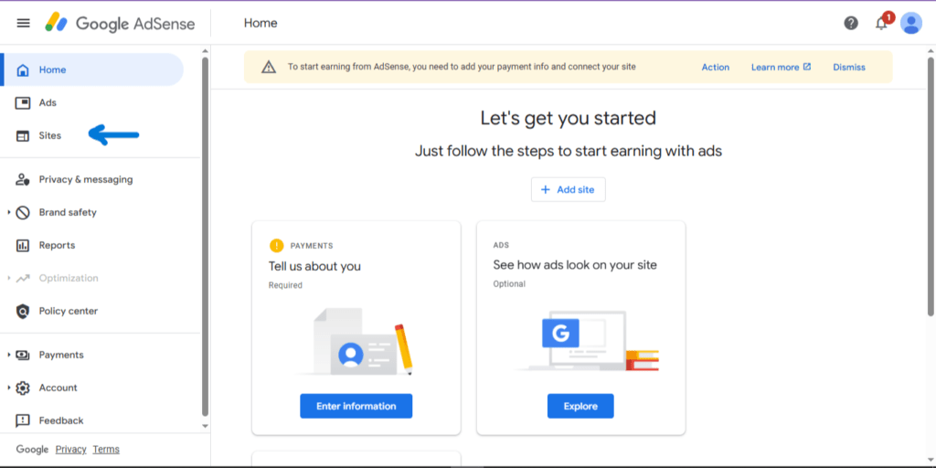 Screenshot of Google AdSense account