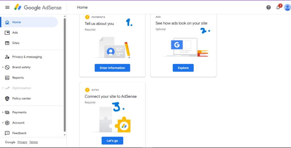 Screenshot of Google AdSense account