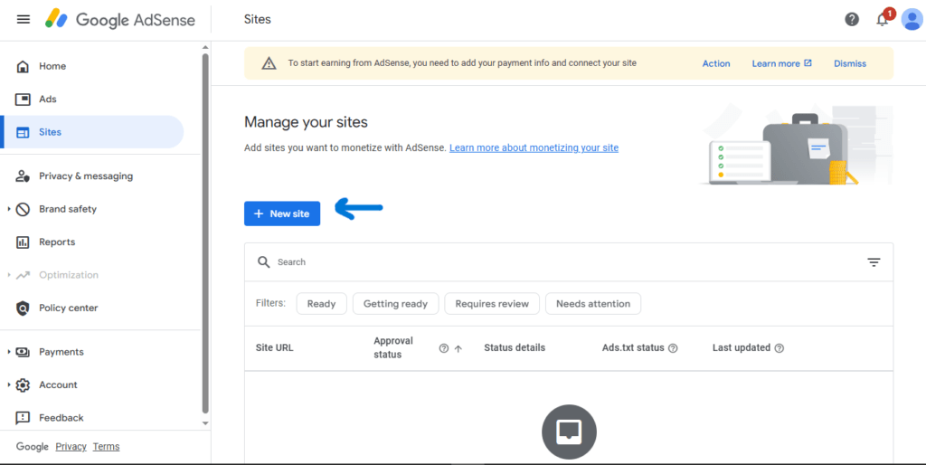 Screenshot of Google AdSense account